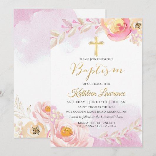 Waterverf Pink Floral Girl Baptism Uitnodiging (Voorkant / Achterkant)