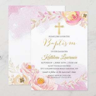 Waterverf Pink Floral Girl Baptism Uitnodiging