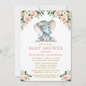 Waterverf Pink Floral Gold Baby shower Elephant Kaart (Voorkant)