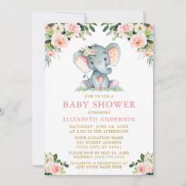 Waterverf Pink Floral Gold Baby shower Elephant Kaart