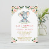Waterverf Pink Floral Gold Baby shower Elephant Kaart (Staand voorkant)
