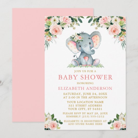 Waterverf Pink Floral Gold Baby shower Elephant Kaart (Voorkant / Achterkant)