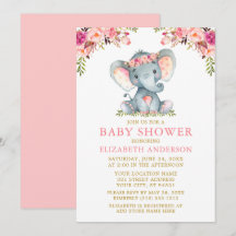Waterverf Pink Floral Gold Baby shower Elephant