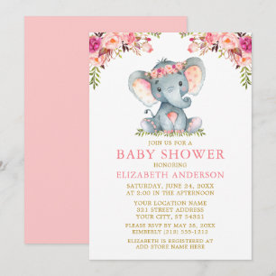 Waterverf Pink Floral Gold Baby shower Elephant Kaart