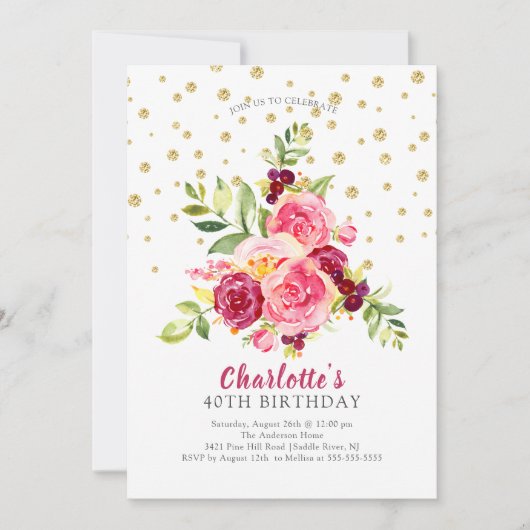 Waterverf Pink Floral Gold Confetti Birthday Kaart (Voorkant)