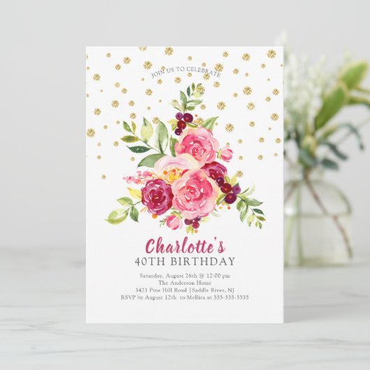 Waterverf Pink Floral Gold Confetti Birthday Kaart (Staand voorkant)