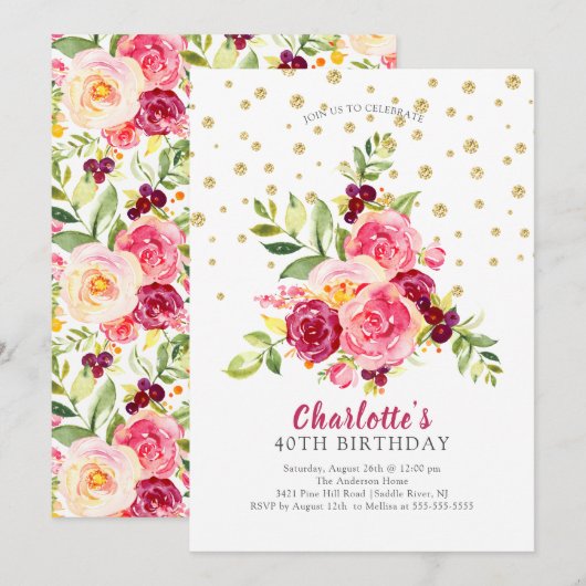 Waterverf Pink Floral Gold Confetti Birthday Kaart (Voorkant / Achterkant)