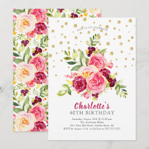 Waterverf Pink Floral Gold Confetti Birthday Kaart