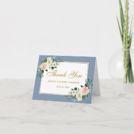 Waterverf Pink Floral Gold Dusty Blue Wedding Bedankkaart