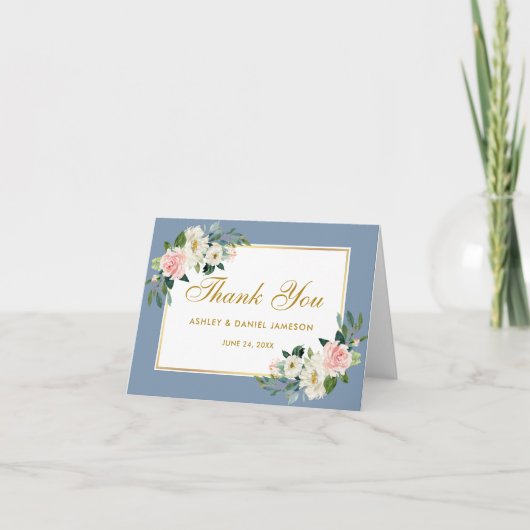 Waterverf Pink Floral Gold Dusty Blue Wedding Bedankkaart (Voorkant)