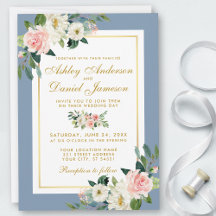 Waterverf Pink Floral Gold Dusty Blue Wedding
