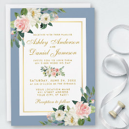 Waterverf Pink Floral Gold Dusty Blue Wedding Kaart