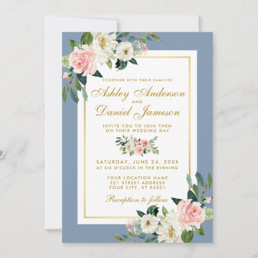 Waterverf Pink Floral Gold Dusty Blue Wedding Kaart (Voorkant)