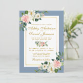 Waterverf Pink Floral Gold Dusty Blue Wedding Kaart (Staand voorkant)