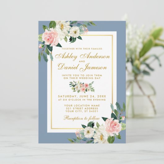 Waterverf Pink Floral Gold Dusty Blue Wedding Kaart (Staand voorkant)