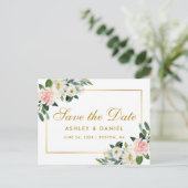 Waterverf Pink Floral Gold Save the Date Aankondigingskaart (Staand voorkant)