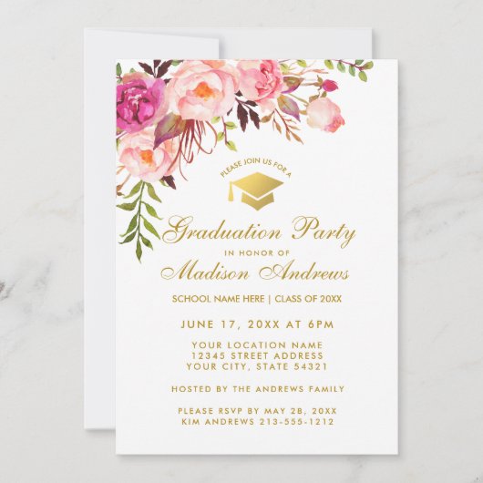 Waterverf Pink Floral Graduation Party Invite G Kaart (Voorkant)