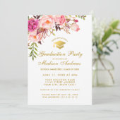 Waterverf Pink Floral Graduation Party Invite G Kaart (Staand voorkant)