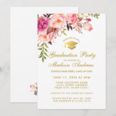 Waterverf Pink Floral Graduation Party Invite G Kaart (Voorkant / Achterkant)