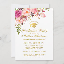 Waterverf Pink Floral Graduation Party Invite G Kaart