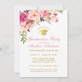 Waterverf Pink Floral Graduation Party Invite P Kaart (Voorkant)