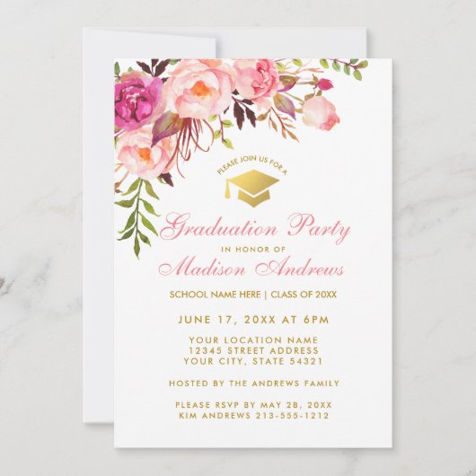 Waterverf Pink Floral Graduation Party Invite P Kaart (Voorkant)