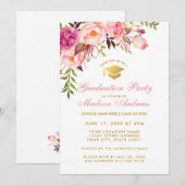 Waterverf Pink Floral Graduation Party Invite P Kaart (Voorkant / Achterkant)