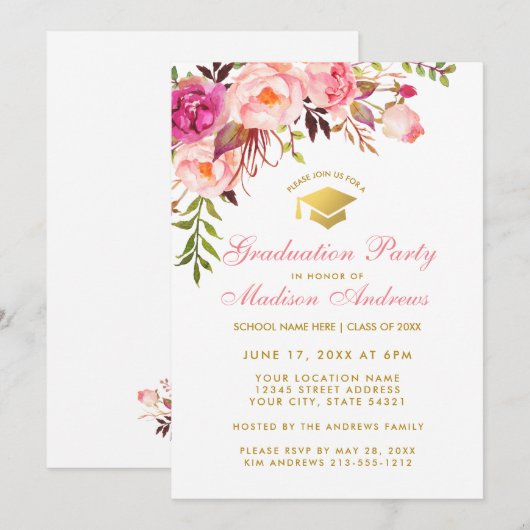 Waterverf Pink Floral Graduation Party Invite P Kaart (Voorkant / Achterkant)