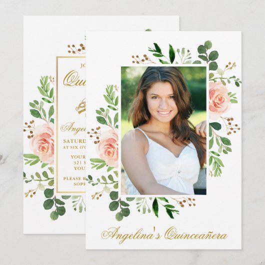 Waterverf Pink Floral Greenery Foto Quinceanera Kaart (Voorkant / Achterkant)
