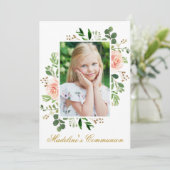 Waterverf Pink Floral Greenery Fotocommunie Kaart (Staand voorkant)