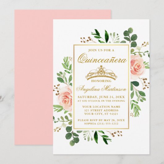 Waterverf Pink Floral Greenery Gold Quinceanera Kaart (Voorkant / Achterkant)