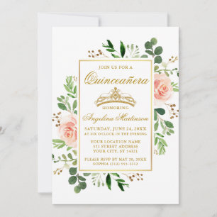Waterverf Pink Floral Greenery Quinceanera Gold Kaart