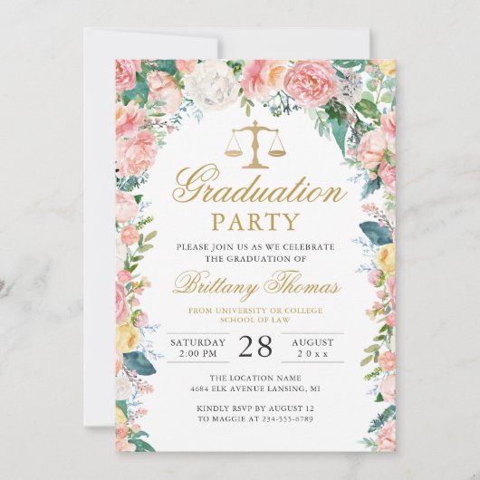 Waterverf Pink Floral Law School Afstuderen Foto Kaart (Voorkant)