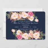 Waterverf Pink Floral Lijst Navy Blue Wedding Kaart (Voorkant)