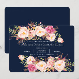 Waterverf Pink Floral Lijst Navy Blue Wedding Kaart