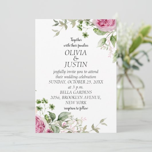 Waterverf Pink Floral Lijst Wedding Kaart (Staand voorkant)