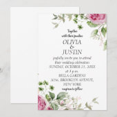 Waterverf Pink Floral Lijst Wedding Kaart (Voorkant / Achterkant)