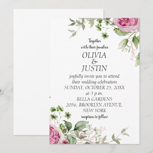 Waterverf Pink Floral Lijst Wedding Kaart (Voorkant / Achterkant)