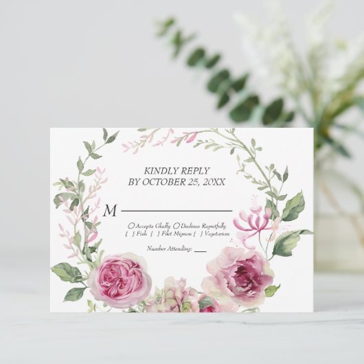 Waterverf Pink Floral Lijst Wedding RSVP Kaartje (Staand voorkant)
