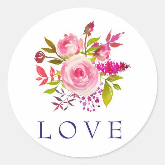 Waterverf PInk Floral LOVE Wedding Ronde Sticker (Voorkant)