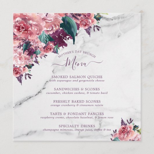 Waterverf Pink Floral Marble Moederdag Brunch Menu (Voorkant)