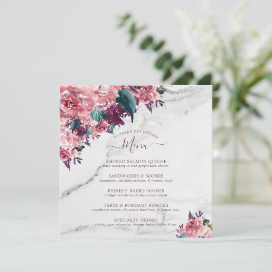 Waterverf Pink Floral Marble Moederdag Brunch Menu (Staand voorkant)