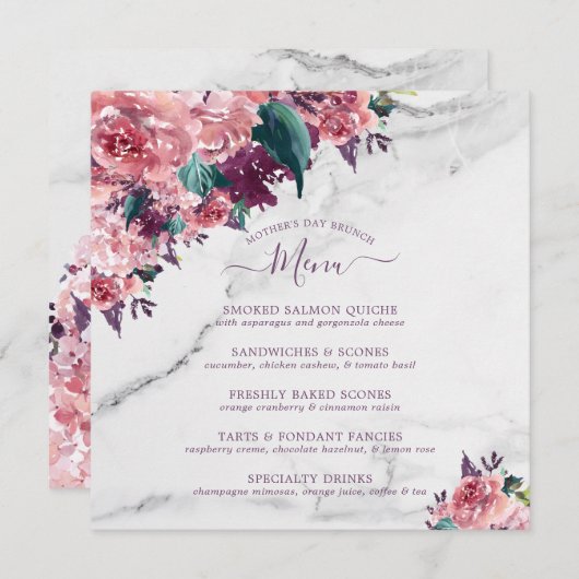 Waterverf Pink Floral Marble Moederdag Brunch Menu (Voorkant / Achterkant)