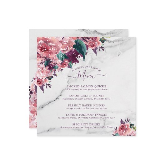 Waterverf Pink Floral Marble Moederdag Brunch Menu (Voorkant / Achterkant in situ)