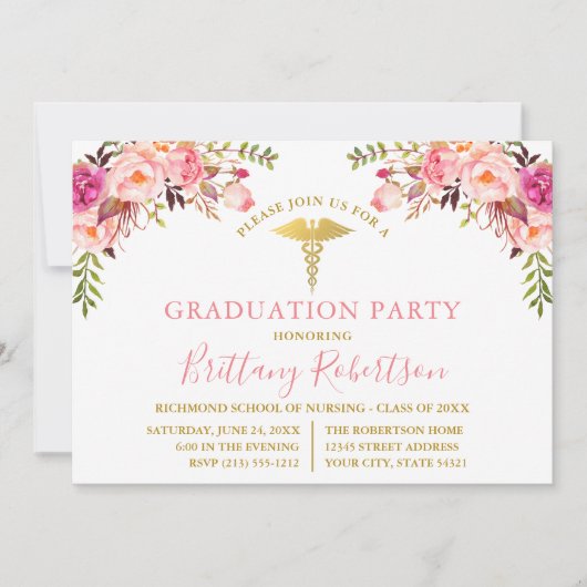 Waterverf Pink Floral Medical Graduation Party Kaart (Voorkant)
