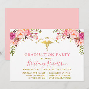 Waterverf Pink Floral Medical Graduation Party Kaart