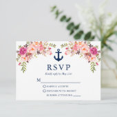 Waterverf Pink Floral Nautical Anchor Wedding RSVP Kaartje (Staand voorkant)