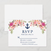 Waterverf Pink Floral Nautical Anchor Wedding RSVP Kaartje (Voorkant / Achterkant)