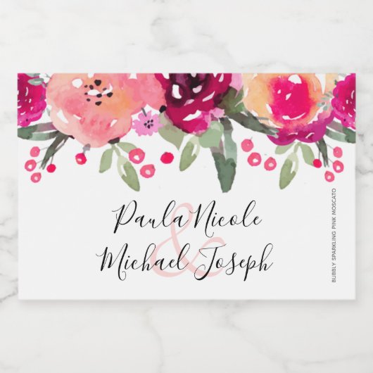 Waterverf Pink Floral Personalized Wedding Mini C Sparkling Wijnetiket (Enkel label)