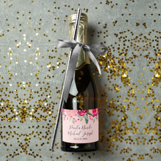 Waterverf Pink Floral Personalized Wedding Mini Sparkling Wijnetiket